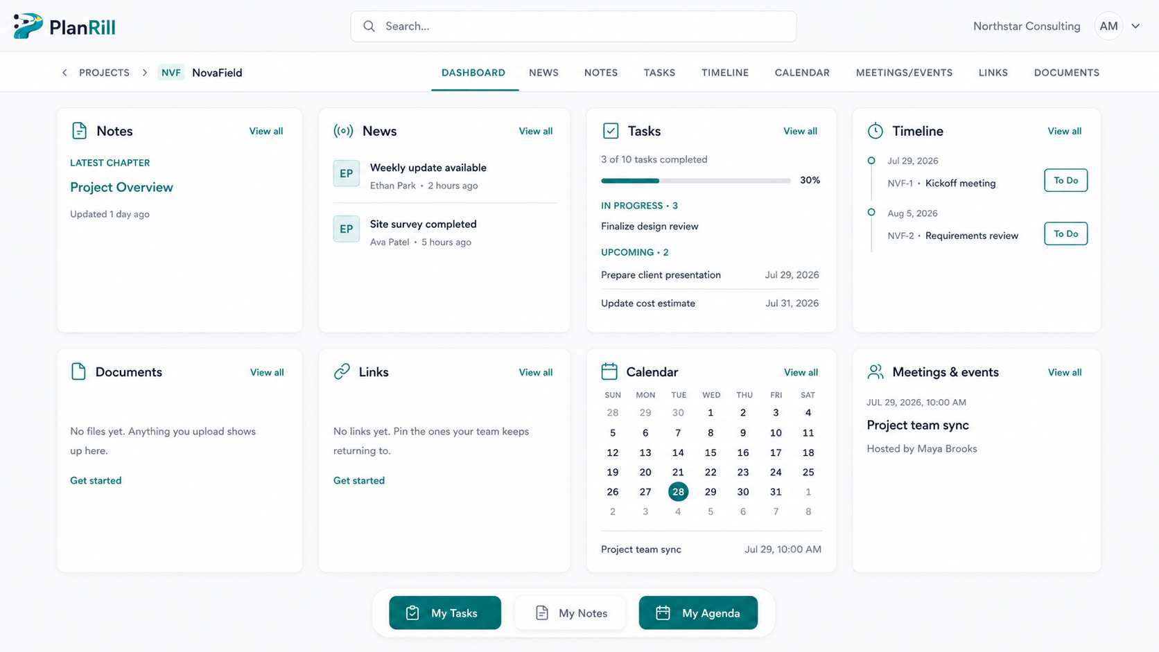 PlanRill project overview showing notes, the feed, tasks, schedule, calendar and meetings