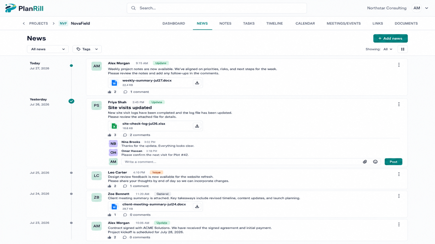 PlanRill project Feed with channels and live messages
